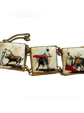 Mid-Century Bullfighting Goldtone And Glass Panel Bracelet